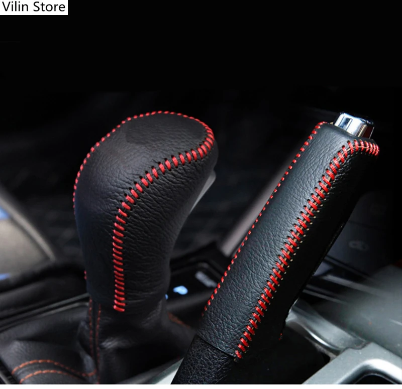 

For Hyundai Creta Handbrake Cover&Gear Head Covers Interior Styling Leather Hand-stitched Shift Knob 2pcs/set 2014-