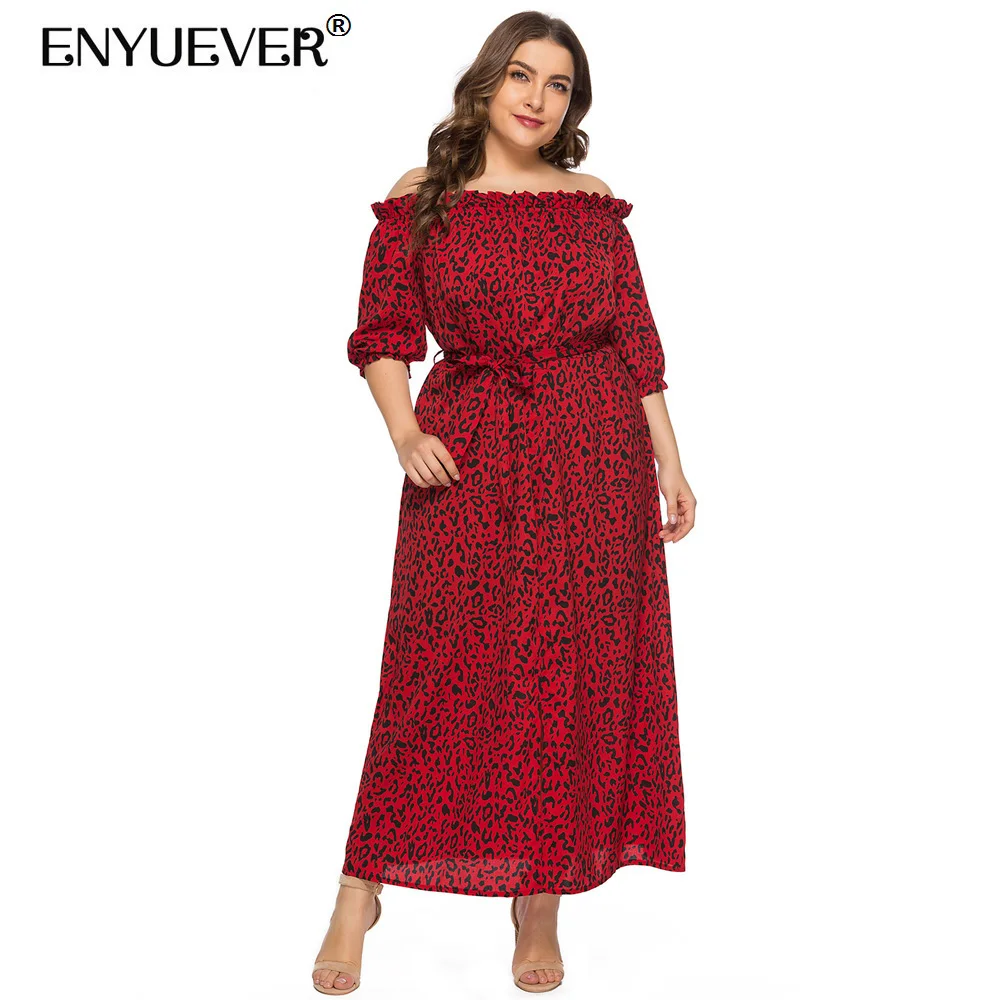 

Enyuever Plus Size Long Women Dress 4XL 5XL 6XL Summer Clothing Off Shoulder Sleeve Slit Print Beach Wear Maxi Casual Dress