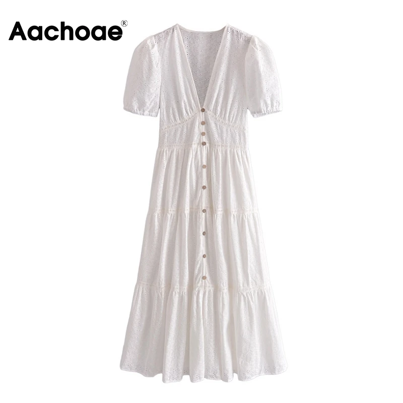 

Aachoae Цветочное платье с цветочной вышивкой платье миди платье для женщин с v-образным вырезом с короткими рукавами платья женские шикарные т...