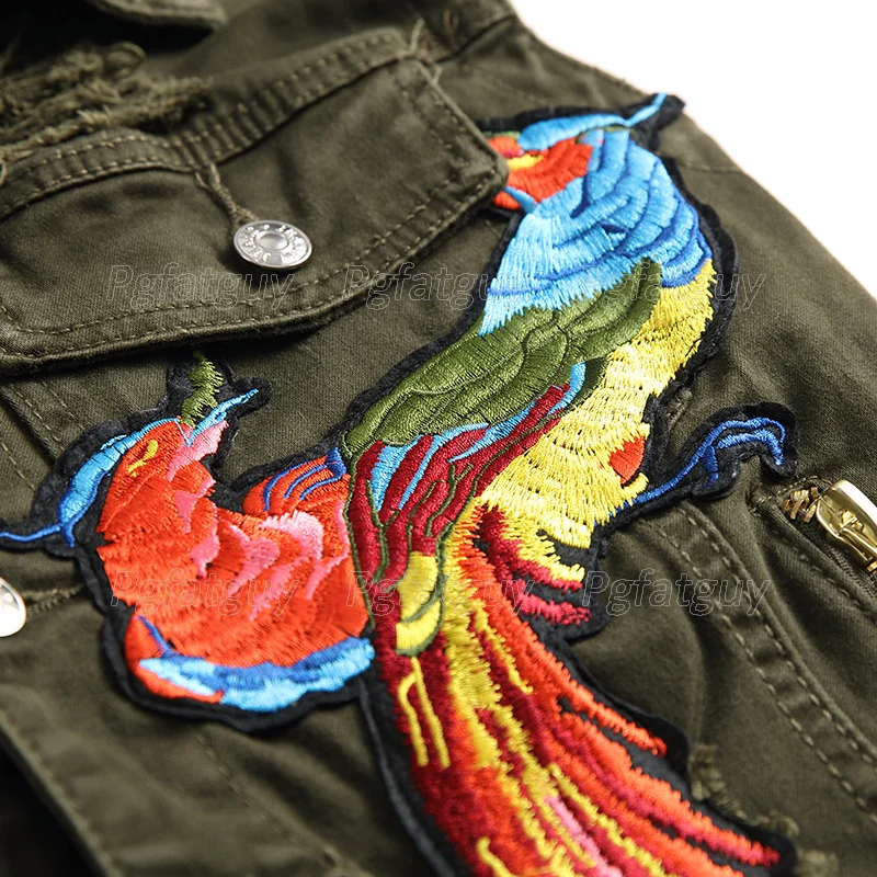 

European Style Men's Army Green Hip Hop 2 Pieces Set Embroidered Phoenix Flower Men Clothing Hole Ripped Denim Vest and Pants