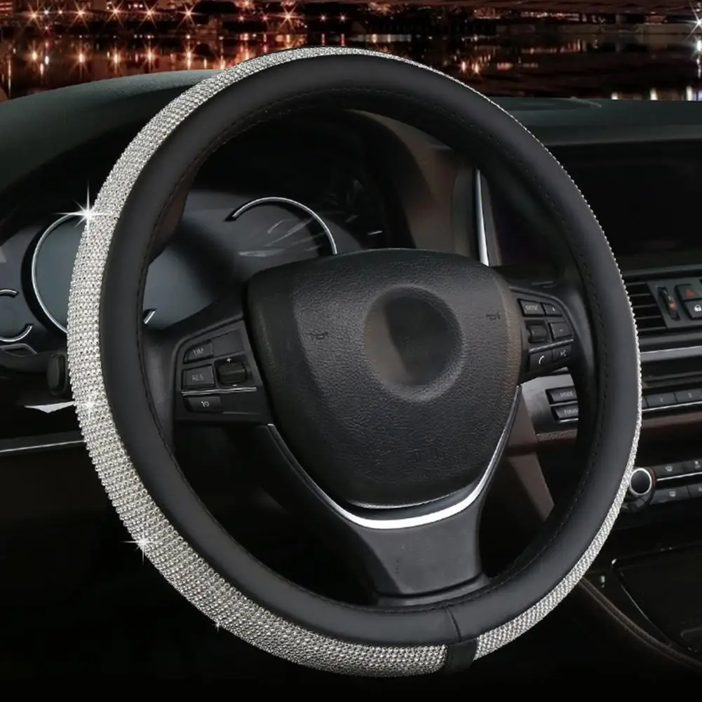 

60%HOTSteering Wheel Cover Protective Rhinestone Microfiber Leather Anti-slip Handlebar Protector for Car
