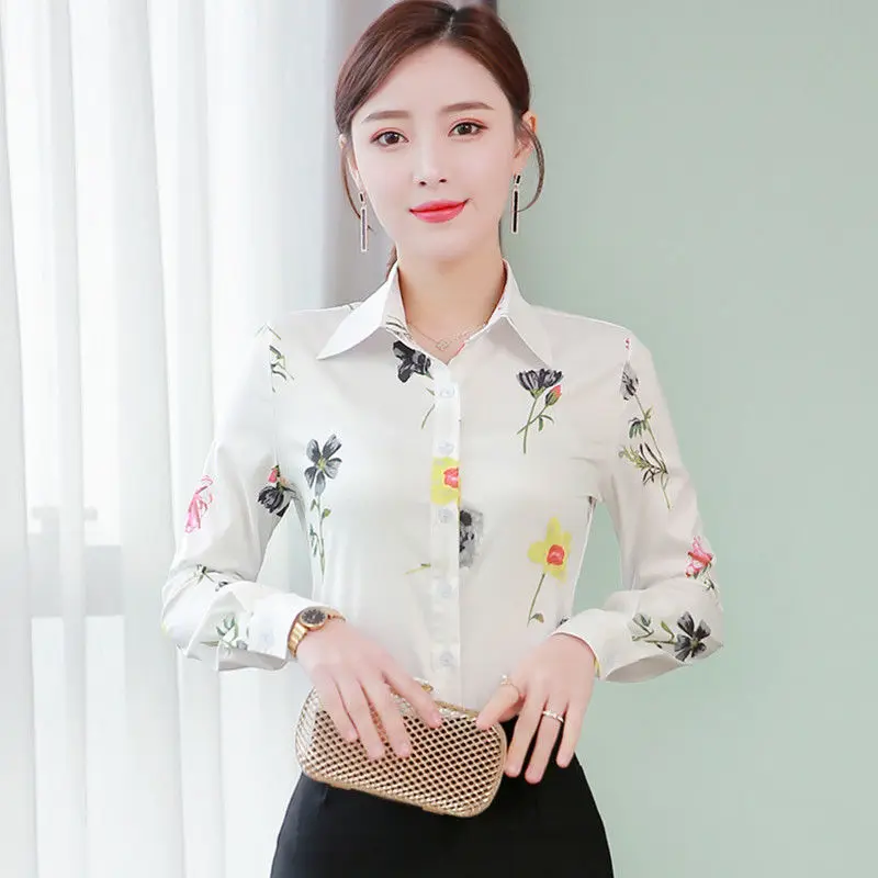 

Floral Women Chiffon Shirts Summer New Turn-Down Collar Long-Sleeved Slim Office Lady All Match Buttoming Outwear Tops 4XL 5XL