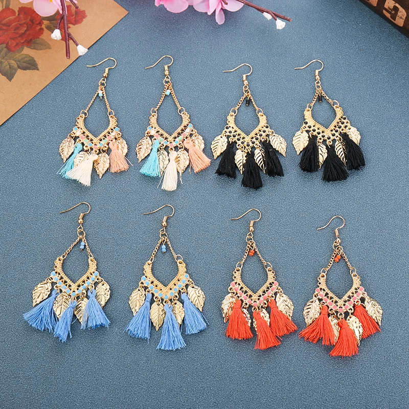 

Fashion Women Corful Boho Tassel Earrings Tibetan Jewelry Brincos Bijoux Vintage Bohemia Gold Alloy Leaf Tassel Drop Earrings