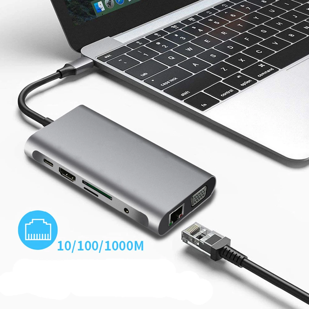 

USB Hub Type-C Adapter To 4K VGA Lan Ethernet SD TF 3.5mm Jack Audio Video 10 In 1 For MacBook Pro OTG USB-C Hub Multifunction