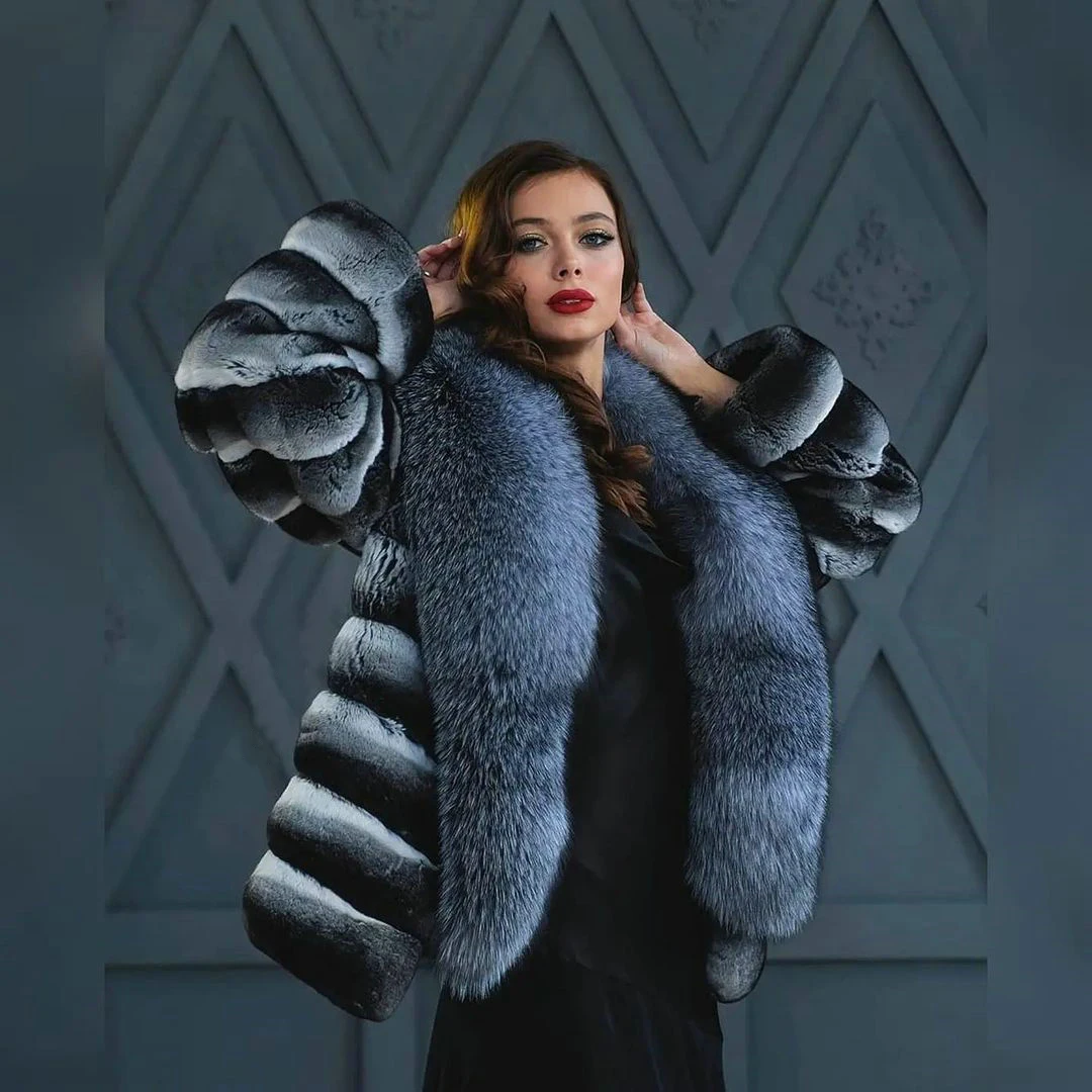 Natural Women Rex Rabbit Fur Jacket with Big Silver Fox Fur Lapel Collar Winter Fashion Real Rex Rabbit Fur Coats Outwear Warm