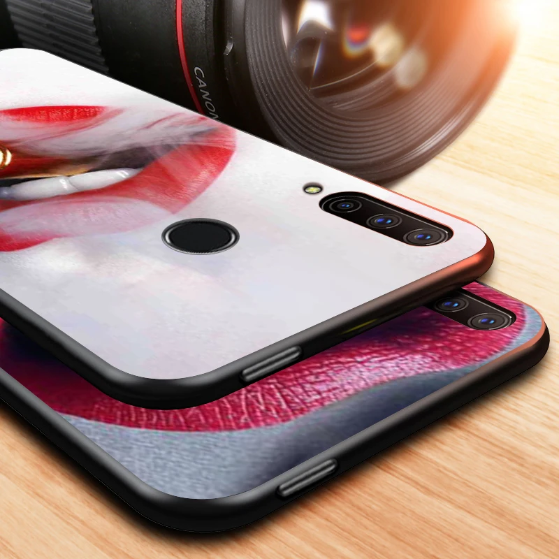 Black Soft TPU Cover Beauty Red Lips for Honor 9X 9 Lite 8S 8C 8X 8A 8 2019 2020 7A 7S 7C Pro Phone Case
