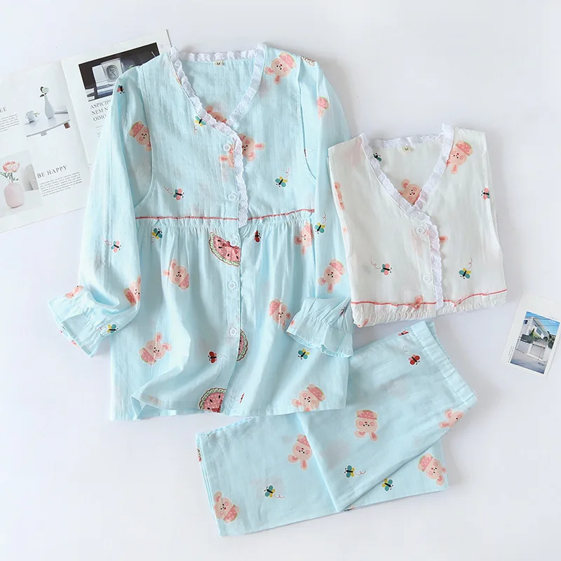 

Rabbit Gauze Ladies Home Wear Korean Style Breathable Casual Loose Large Size Long-sleeved Air-conditioned Room Simple Pajamas