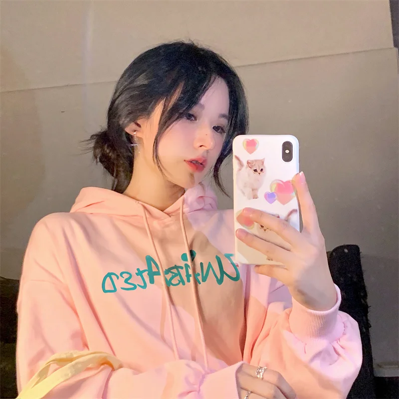 

Толстовка Женская с длинным рукавом, модная Милая однотонная Студенческая Свободная кофта с надписью, в Корейском стиле, Ins, осень 2021