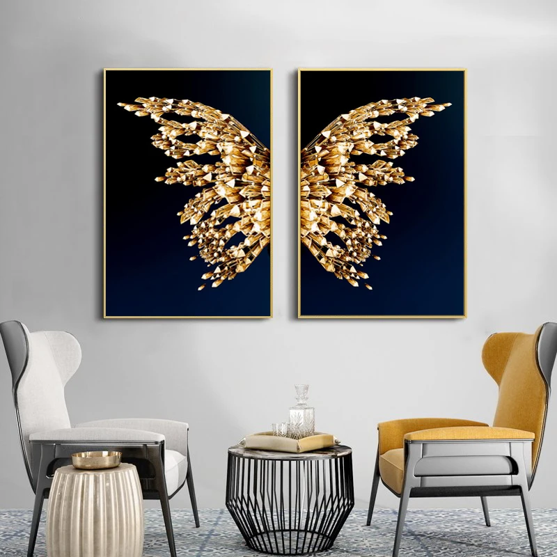 

Wall Art Picture with Golden Butterfly Wings Modern Abstract Painting Prints on Canvas Wall Decoration for Home Living Room