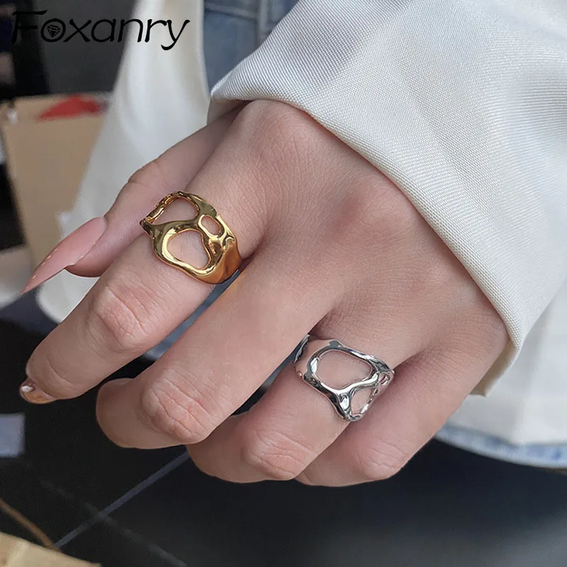 

FOXANRY Silver Color Wide Rings Couples Accessories Fashion Vintage Simple Irregular Hollow Geometric Punk Party Jewelry