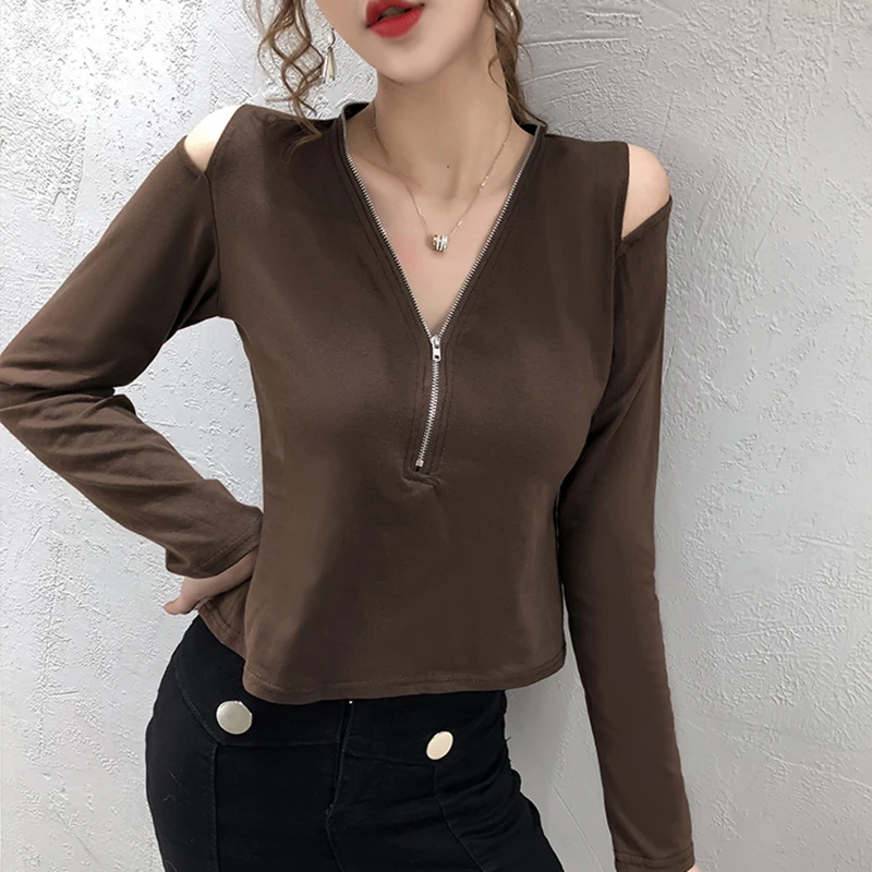 

Spring Autumn Off Shoulder T-shirts White Cotton T Shirt Women Sexy V-Neck Zipper Tees Long Sleeve Top Solid Slim Poleras Mujer