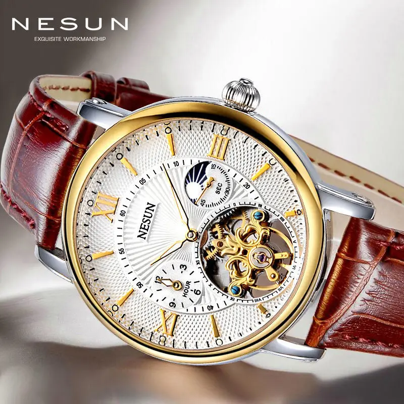 Швейцарский скелетоны Nesun часы с турбийоном мужские роскошные брендовые
