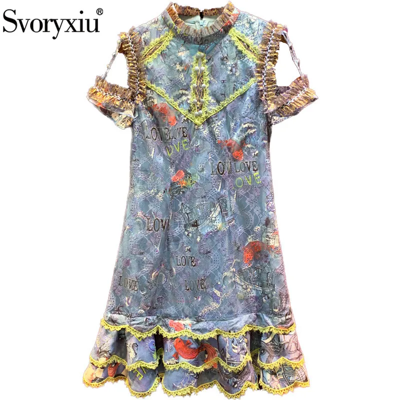 

Svoryxiu Designer Fashion Summer Lace Print Dress Women's Hollow Out Short Sleeve Embroidery Ruffles Vintage Party Short Dresses