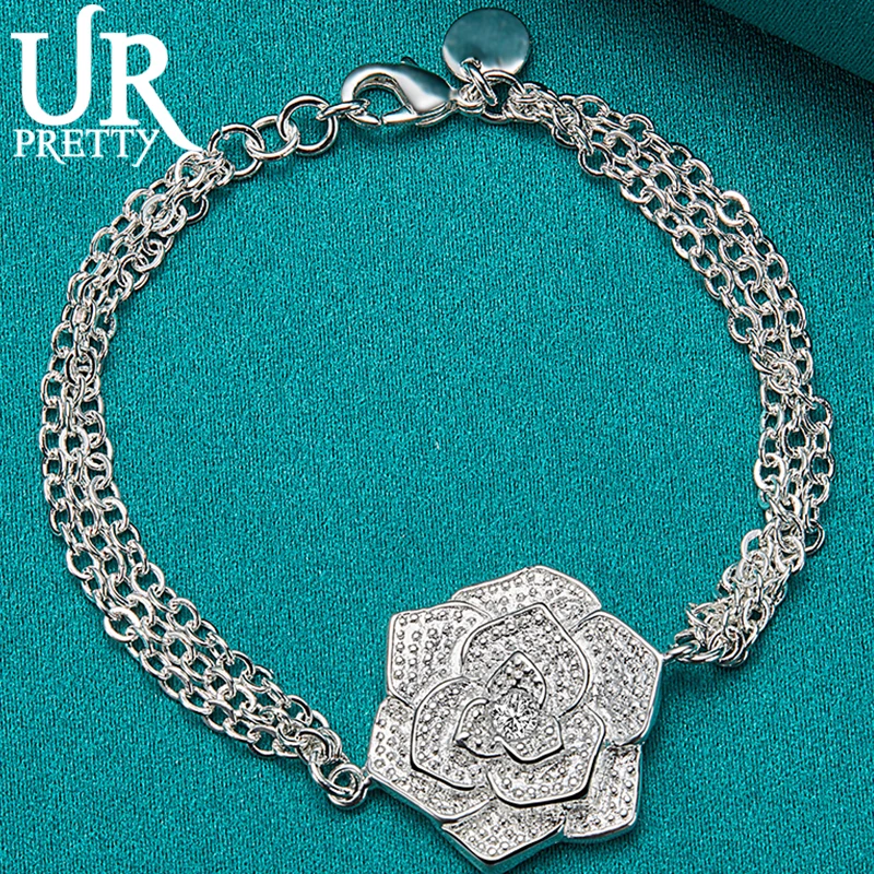 

URPRETTY 925 Sterling Silver Rose Flower Chain Bracelet For Man Women Wedding Engagement Party Charm Jewelry