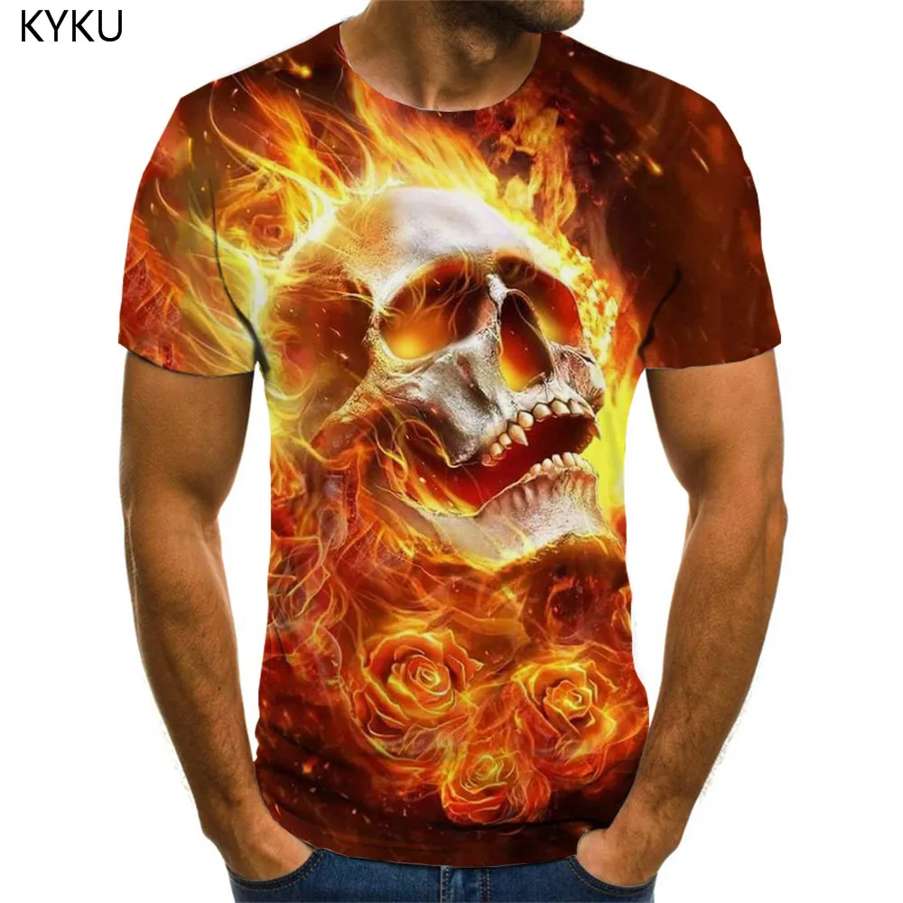 KYKU Череп для мужчин пламени футболки 3d в стиле панк-рок футболка ребенка с