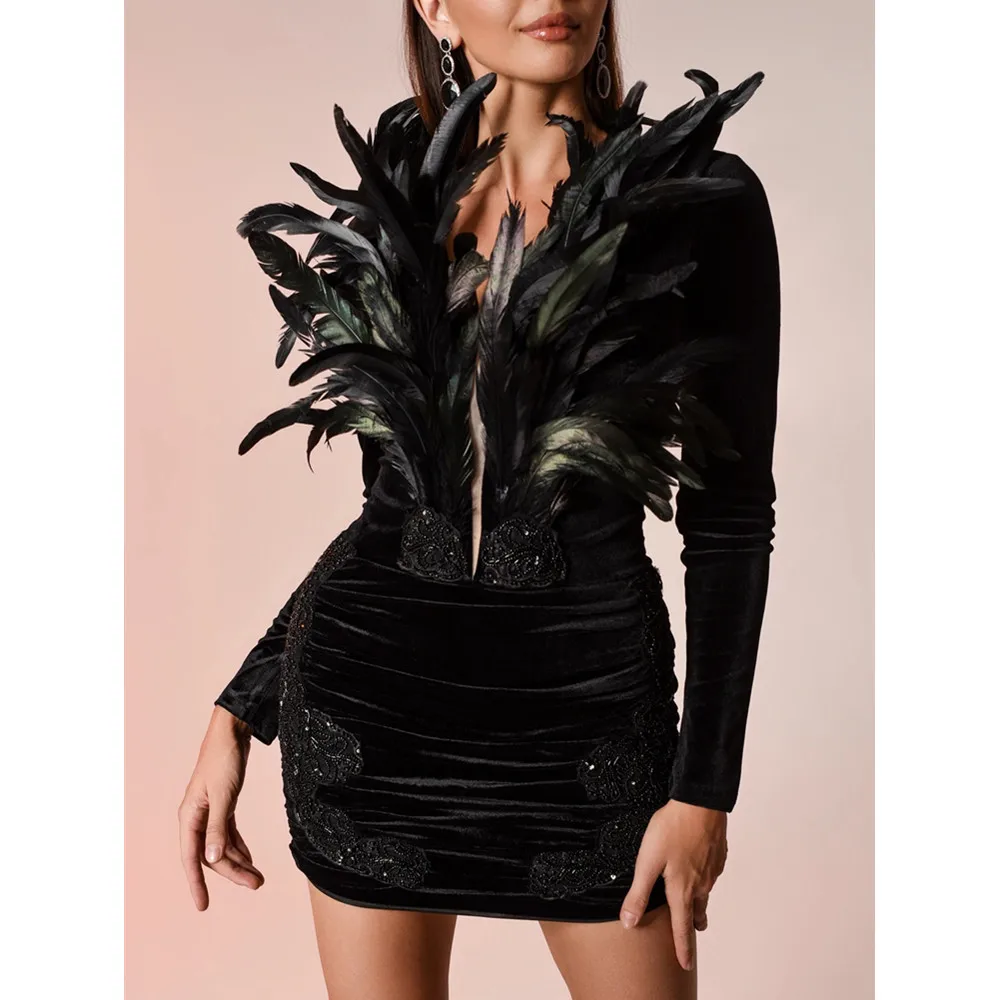 Women Luxury Stage Dress With Feathers Black Long Sleeve Deep V Neck Beading Pleated Dresses Female Evening Party Cocktail Wear