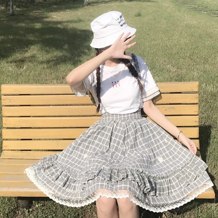 Kawaii Лолита юбка японский стиль 90 подростков мягкая Сестра Дейзи аппликации кружева лоскутное рюшами Сарафан в клетку юбки