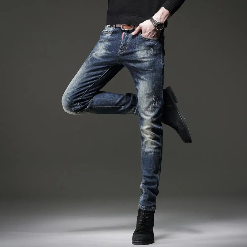 Autumn New Men's Vintage Blue Stretch Jeans Casual Cotton Slim Fit Denim Pants