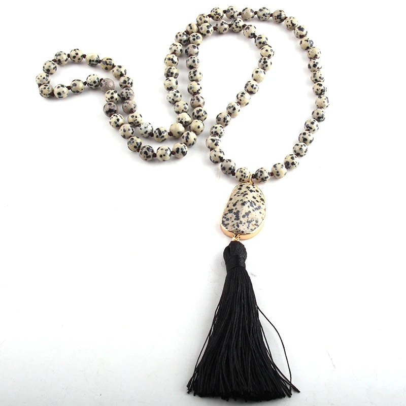 RH Fashion Jewelry Jasp dalmata naturale. Collane lunghe annodate nere con nappe per collana da donna