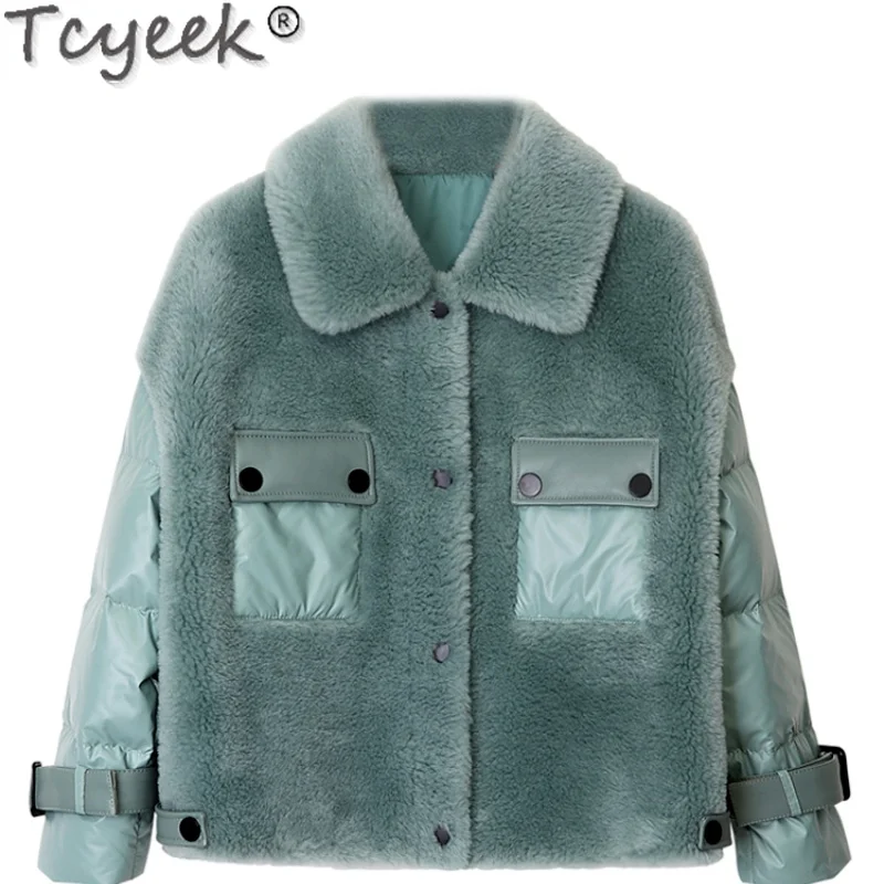 

Tcyeek Winter 100% Real Sheep Shearling Fur Coat Women 2021 Short Wool Coat Female White Goose Down Jacket manteau Femme Gxy220