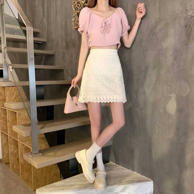 

Short Skirt Female Hollow Lace A-line Skirt Female Summer New Style Skirt High Waist Thin Temperament Package Hip Skirt
