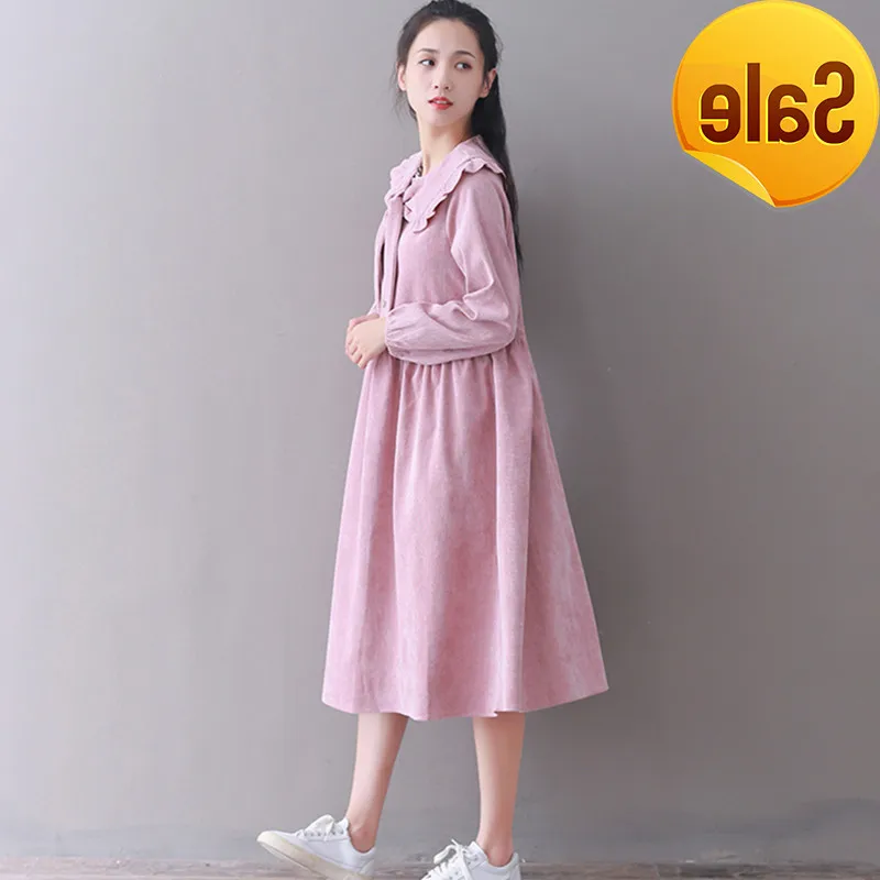 

Платье женское вельветовое средней длины с длинным рукавом и высокой талией