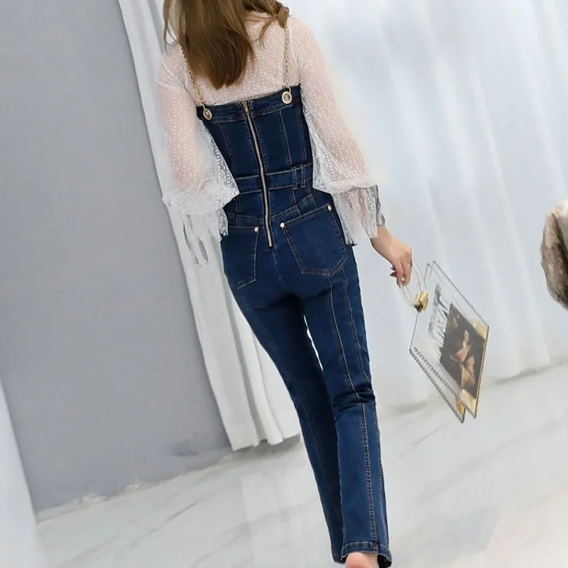 Высокая улица без рукавов цепь Спагетти ремень женские джинсовые комбинезоны Slim