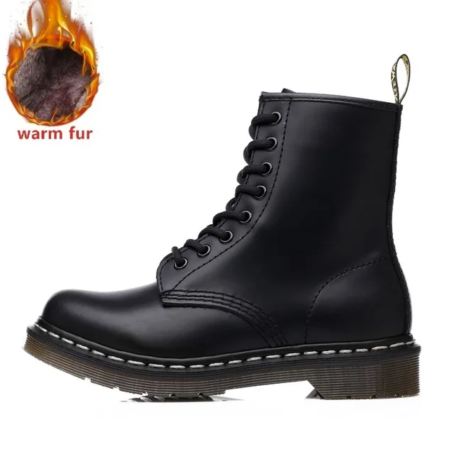 Fur Black Женские ботинки; мужские модные полуботинки martin из натуральной кожи для женщин; повседневные мотоботы на шнуровке; теплые зимние ботинки - Цвет: Fur Black