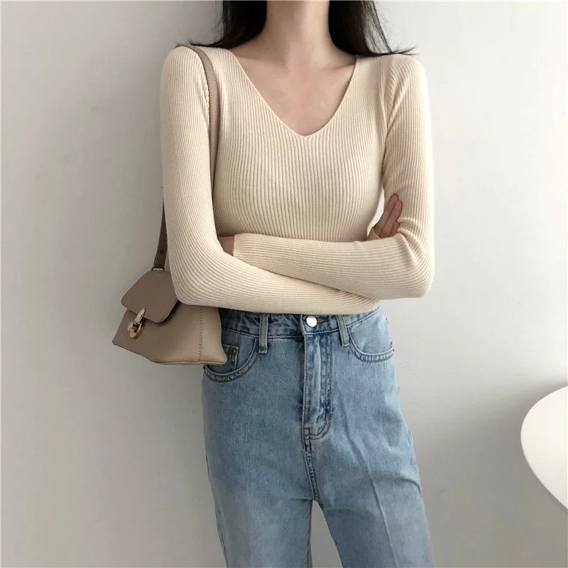 

Pullover 2021 Basic V-neck Women Sweaters Autumn Winter Tops Slim Women Pullover Knitted Sweater Jumper Soft Warm Pull Tops