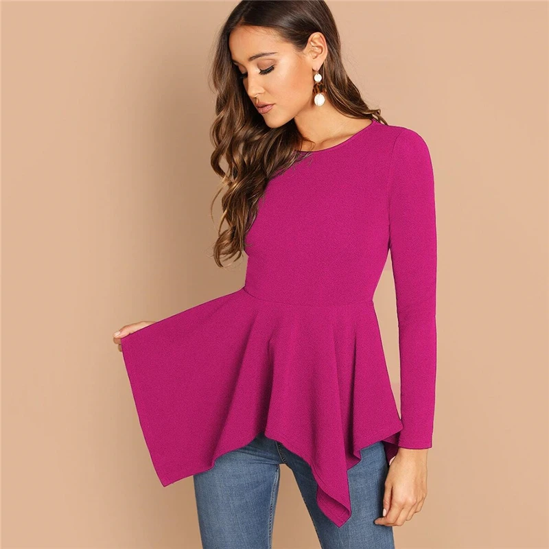SHEIN Однотонный Топ С Асимметричным Низом И Молнией Женская Черная Классическая Блузка С Длинными Рукавами