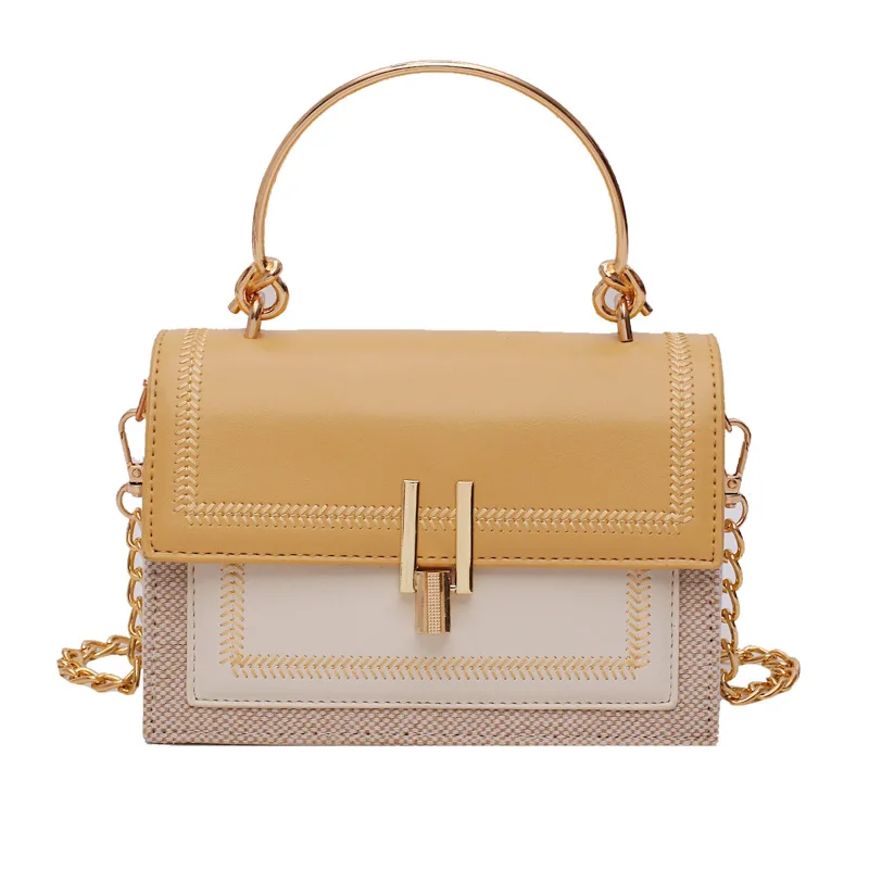 Контрастная цветная кожаная сумка Женская Повседневная через плечо желтая белая