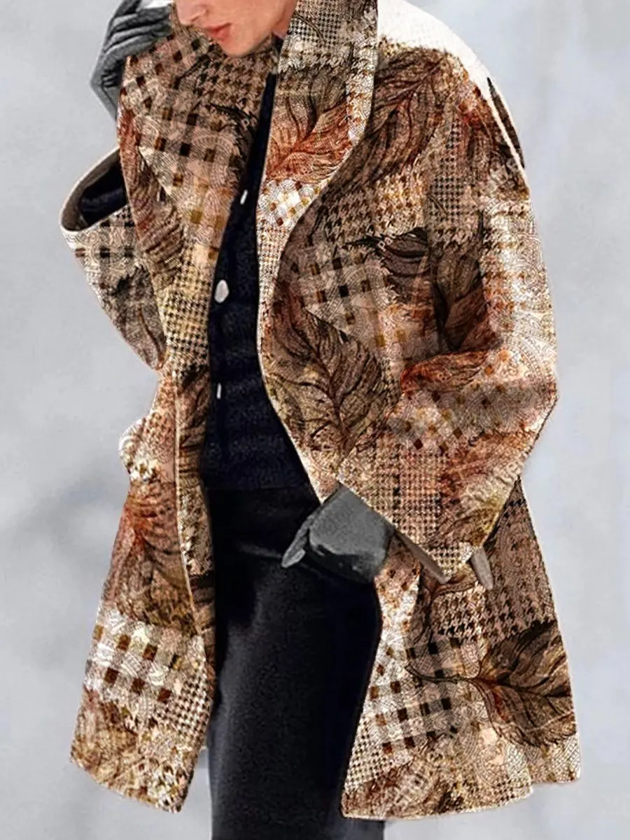 

Women's Autumn and Winter New Lapel Printed Woolen Coat, Ladies Slim Coat