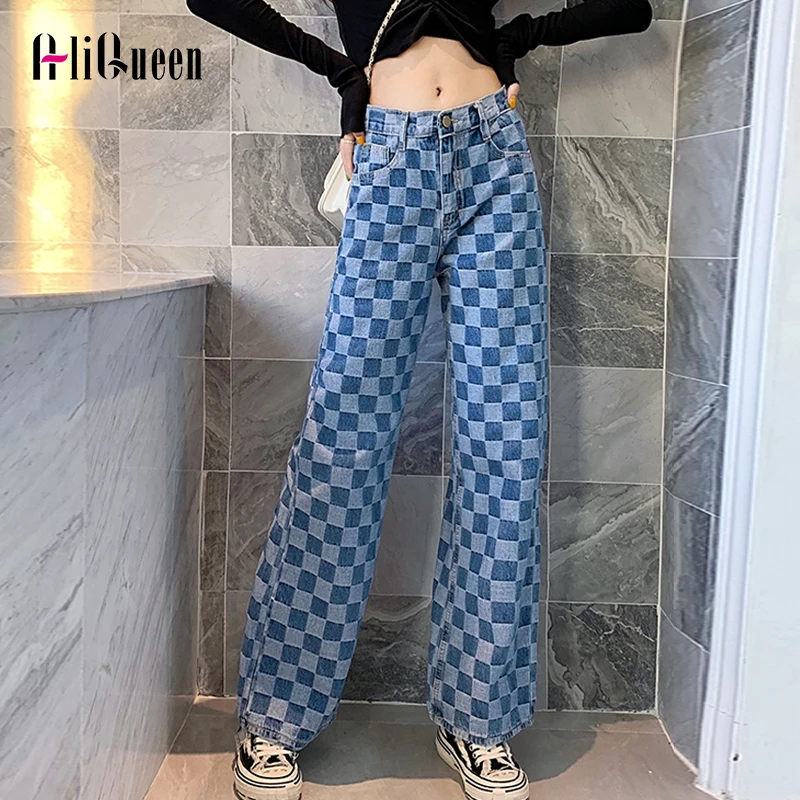 

Spring Summer Fashion checkerboard Loose Long Wide Leg Denim Pants Women Embroidery Trousers Streetwear Punk Jeans Mop Pants