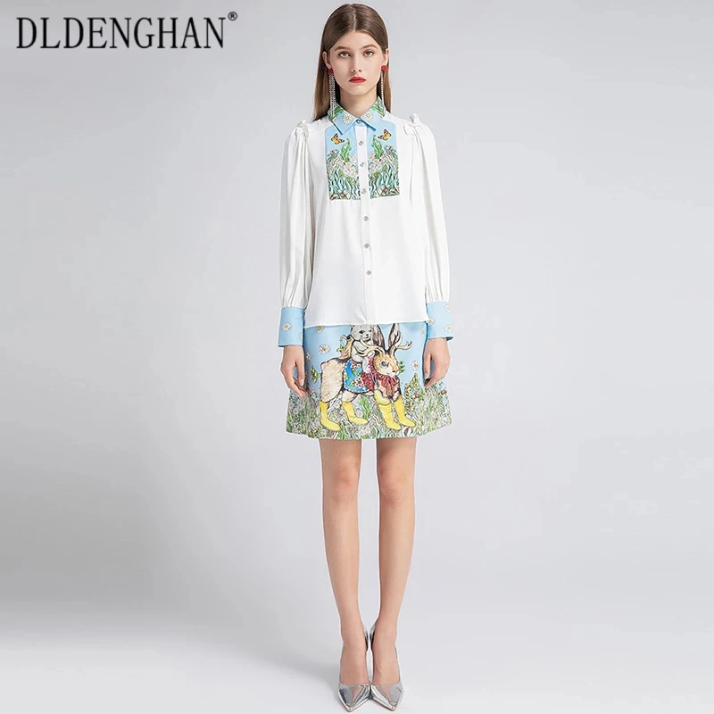 

DLDENGHAN Fashion Print Sets Women Turn-down Collar Long sleeve shirt Top+Beading Mini Skirt Two-piece suit Designer Autumn New