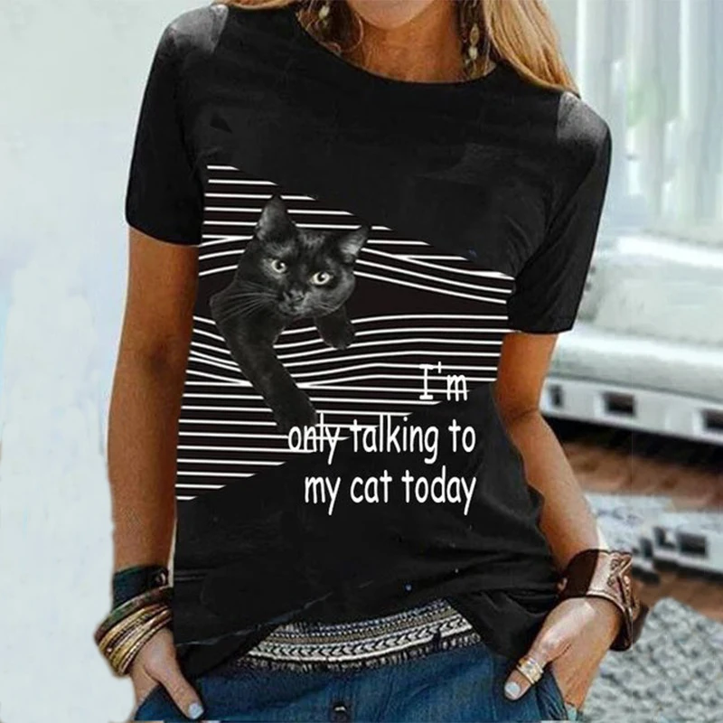 

2021 Summer Cute Cat Striped Short Sleeve Cartoon Women T-Shirt Solid Color Letter Print Pullover Loose Tops