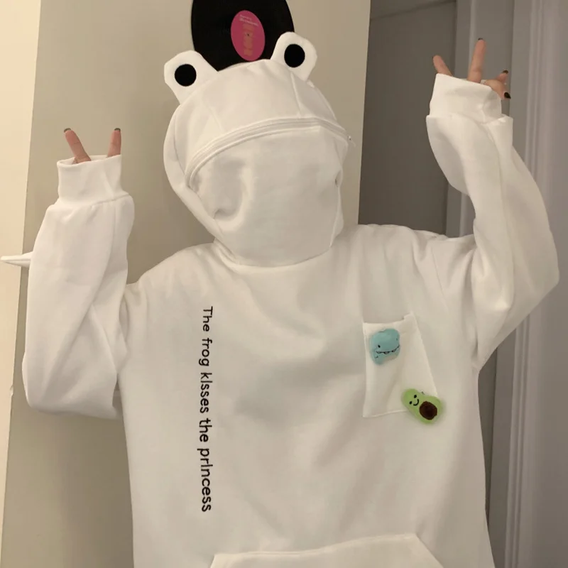 

Hot Frog Hoodie Women Cute Funny Embroidery Letter Plus Velvet Thickened Kawaii Harajuku Streetwear Christmas Oversized Goth