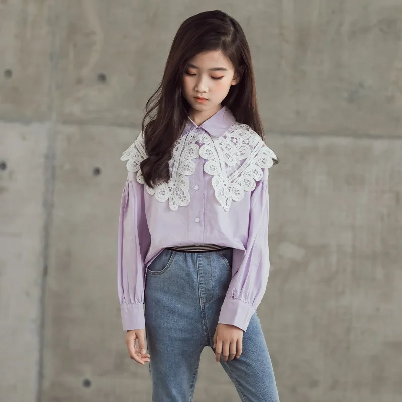 

Осень 2021, блузка для девочек, Весенние фиолетовые Топы с длинным рукавом для девочек-подростков, элегантные детские блузки, детская одежда