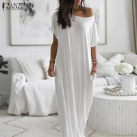 zanzea women leisure dress 2021 summer knitted maxi vestidos casual solid loose long sundress ladies short sleeve robe