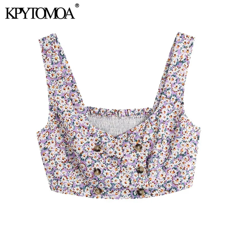 

KPYTOMOA Women 2021 Sweet Fashion With Buttons Floral Print Cropped Blouses Vintage Back Elastic Straps Female Shits Chic Tops