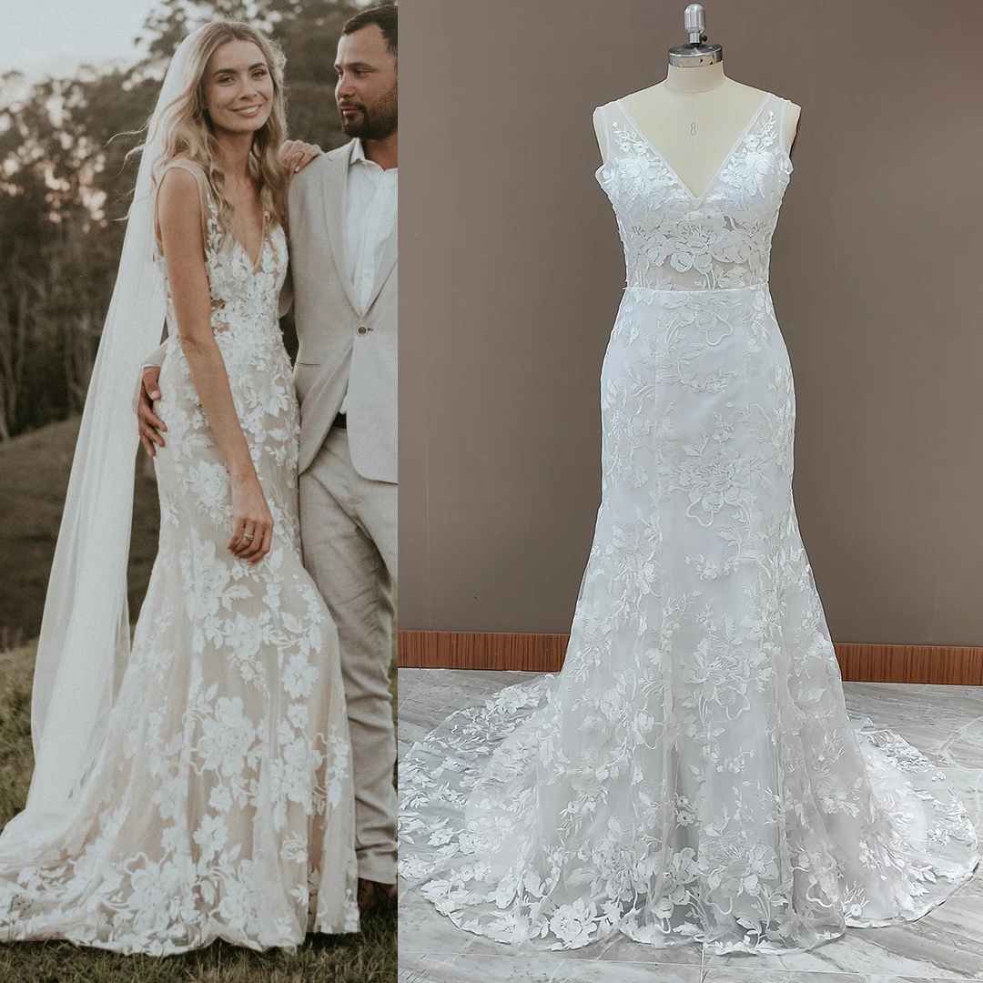 

Floral Lace Mermaid Wedding Bridal Dress V Neck Open Back Backless Plus Size Sleeveless Custom Made Rustic Long Bride Gowns