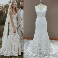 floral lace mermaid wedding bridal dress v neck open back backless plus size sleeveless custom made rustic long bride gowns