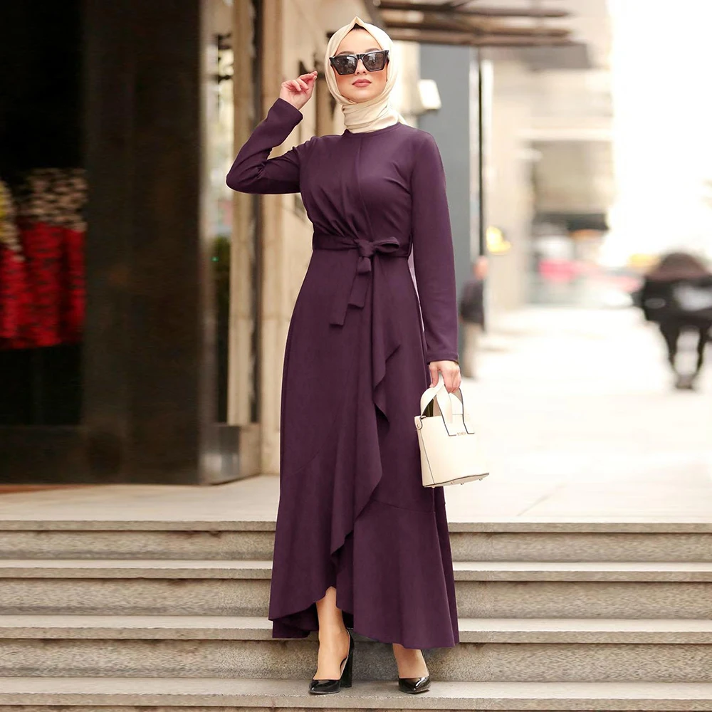 

Arabic Dress Solid Irregular Ruffle Maxi Long Dress Muslim Women Empire Hijab Dress Fashion Duabi Turkey Islamic Clothing 2020