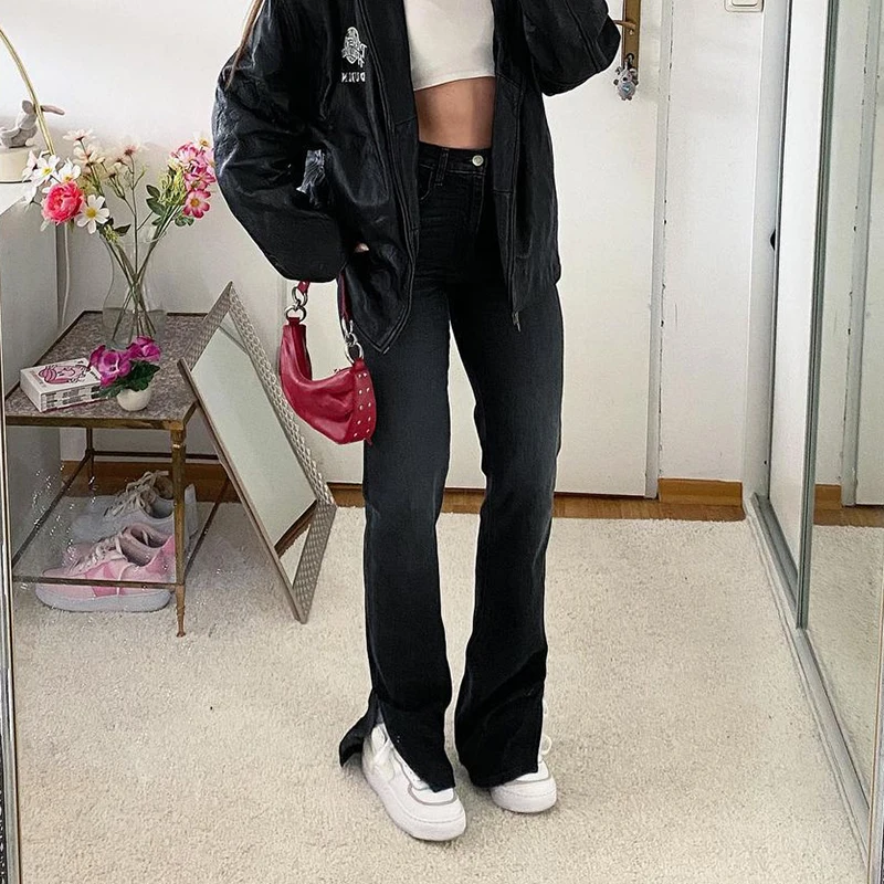 

Fashion Straight Split Jeans For Girls Stylish Chic 2021Summer High Waist Vintage Trouser Frmale Women's Denim Pants Capris