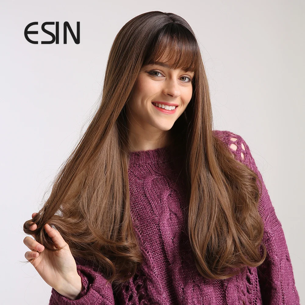 ESIN темно коричневый Длинный натуральный волнистый парик с воздушной челкой