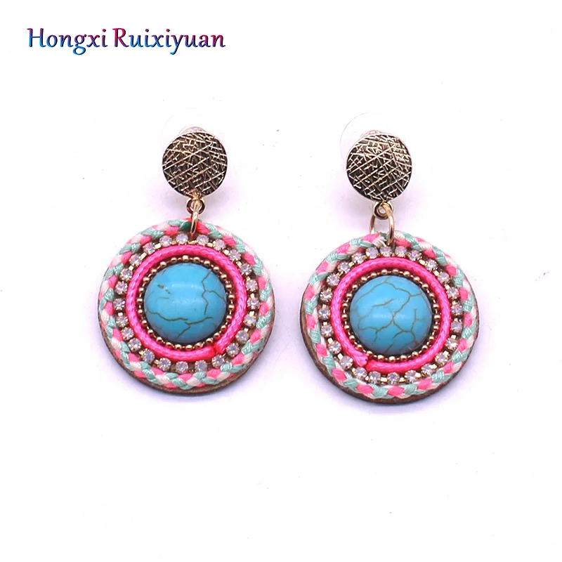 

New earrings bohemian style colored earrings for women charm leather round stone earrings alloy natural stone jewelry