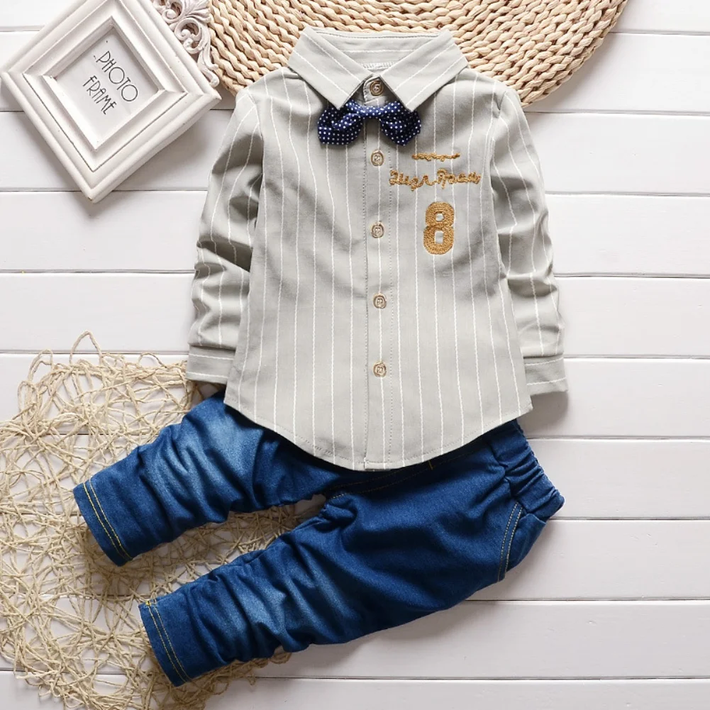 

Kids Boys Big Boy Spring And Autumn Long Sleeve Striped Lapel Jacket + Jeans Pants 2 Pieces For Kids For Kids Fashion