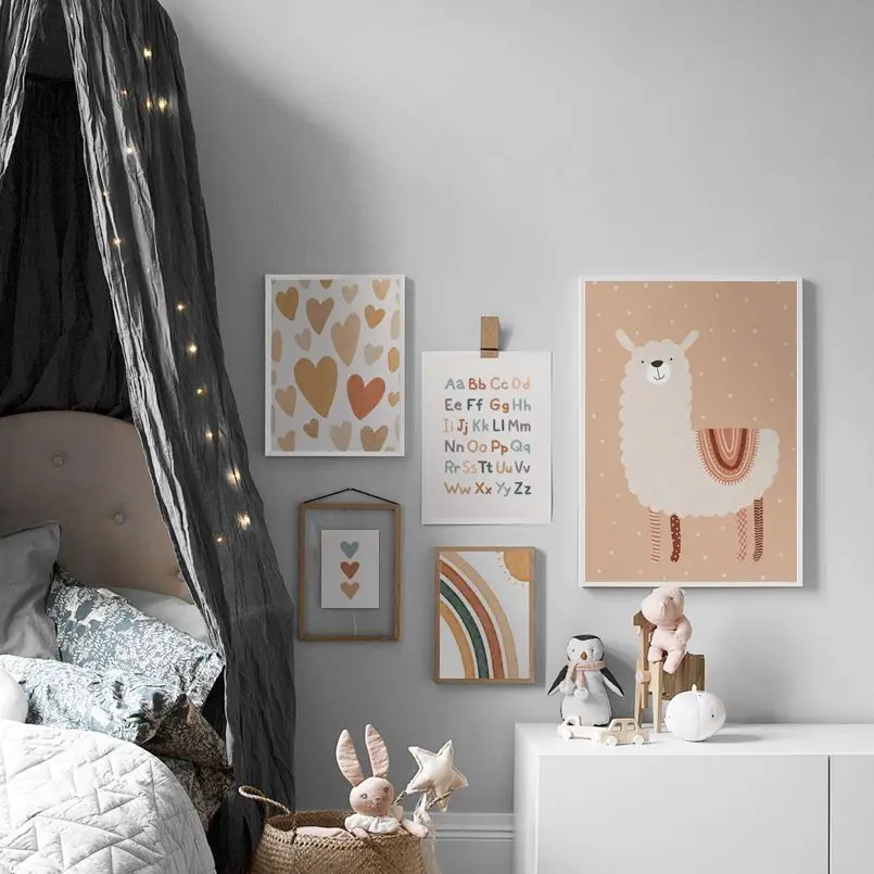 Мультяшная лама Гора Радуга алфавит любовь детская стена Художественная печать
