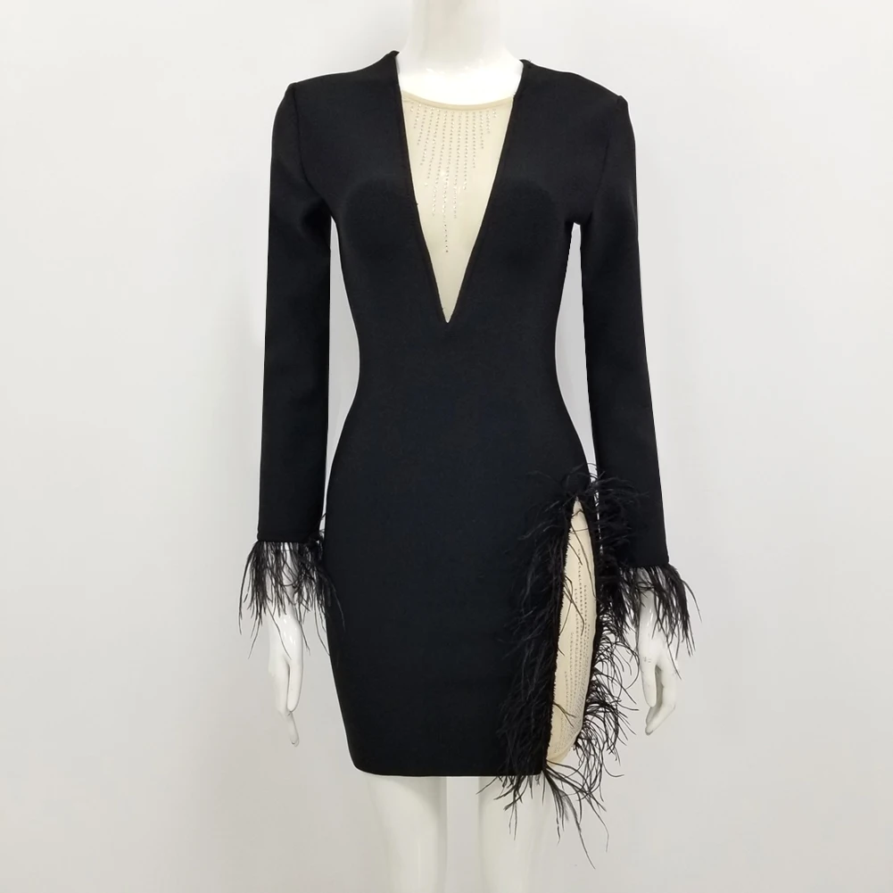 Женское Сетчатое платье с перьями дизайнерское Бандажное длинным рукавом