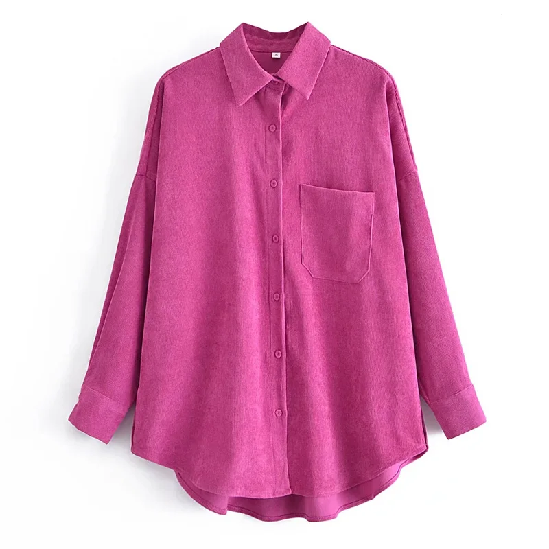 

TRAF Women Shirt 2022 Spring Corduroy Long Sleeve Top Woman Clothing Oversized Blouses Chic Tops Loose Pocket Irregular Shirt