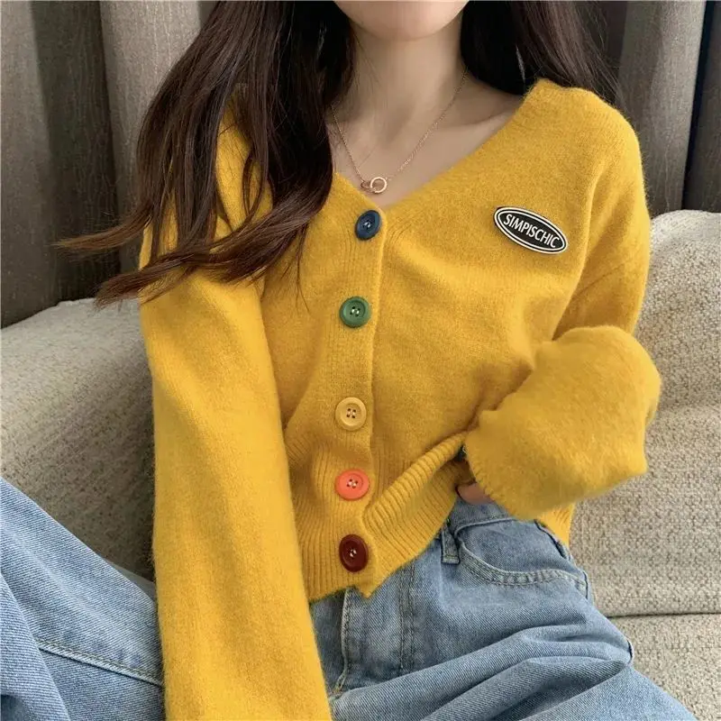 

New.New Korean Sweet Cardigan Sweater Women Fall Single Breasted V Neck Long Sleeve Knitted Jacket Plus Size Short Cardigan 6 Co
